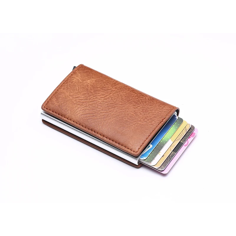 

BYCOBECY 2019 Smart Crazy Horse PU Leather Card Wallet RFID Blocking Aluminum Single Box Card Holder Multifunction Slim Wallet
