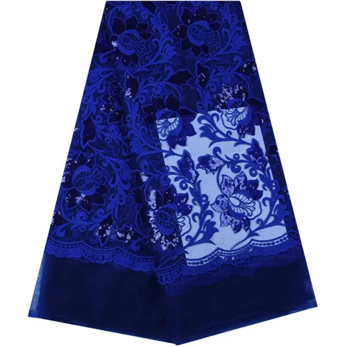 Latest Royal Blue African Embroidery Tulle Lace Fabric High Quality French Milk Silk Lace Fabric With Sequins 5 Yards 1611 - Цвет: As Picture