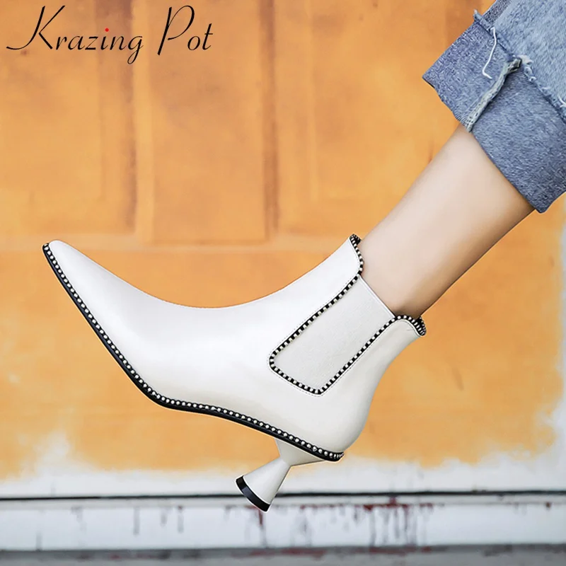 

Krazing Pot 2018 big size pointed toe cow leather strange style women ankle boots nightclub office lady warm winter shoes L90