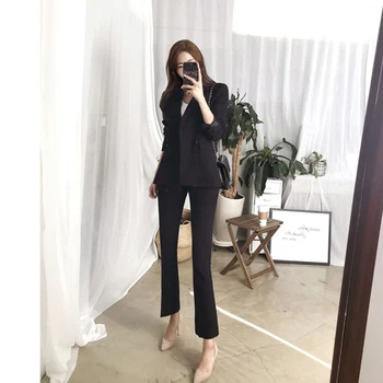 

Casual Solid Women Pant Suits Notched Collar Blazer Jacket & Pencil Pant Khaki Female Suit Autumn 2020 high quality