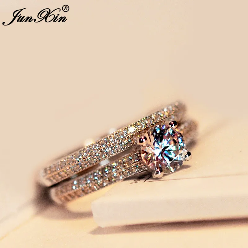 

JUNXIN Female Crystal White Round Wedding Ring Set Fashion Jewelry Luxury Women 925 Silver Ring Promise Rings For Couple