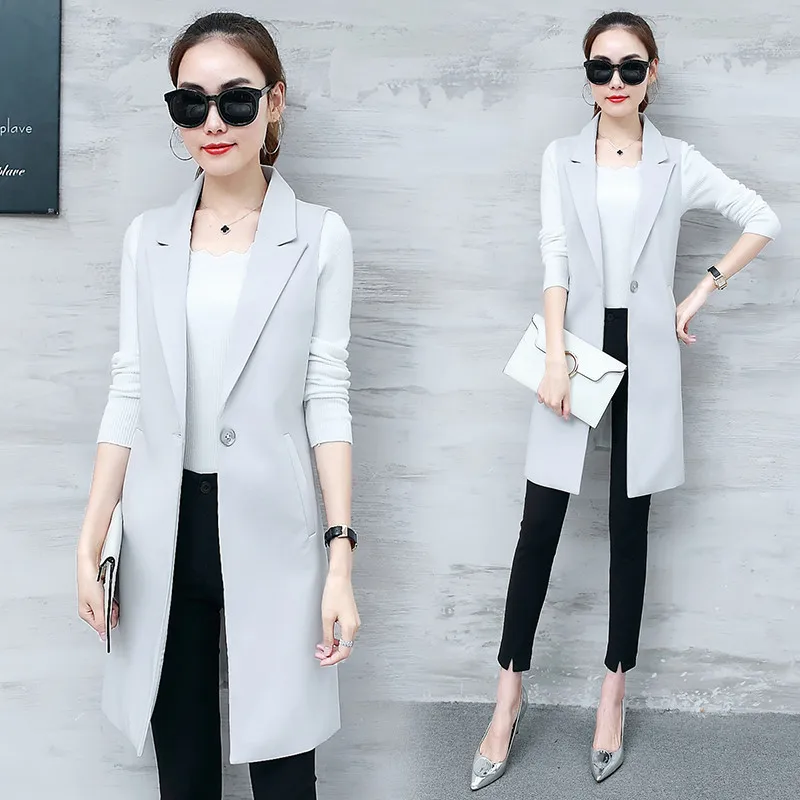 Elegant Suit Vest Women Spring Summer Sleeveless Long Vest Jacket Colete Plus Size 3XL Blazer Vest Coat Women Waistcoat C4202