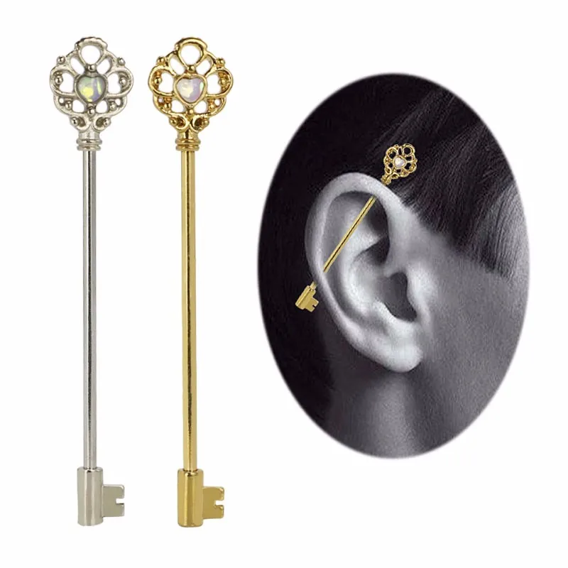 14G Industrial Cartilage Piercing Bar Stainless Steel Opal Stone Key Barbell Long Straight  Silver Gold Women Men Body Jewelry1