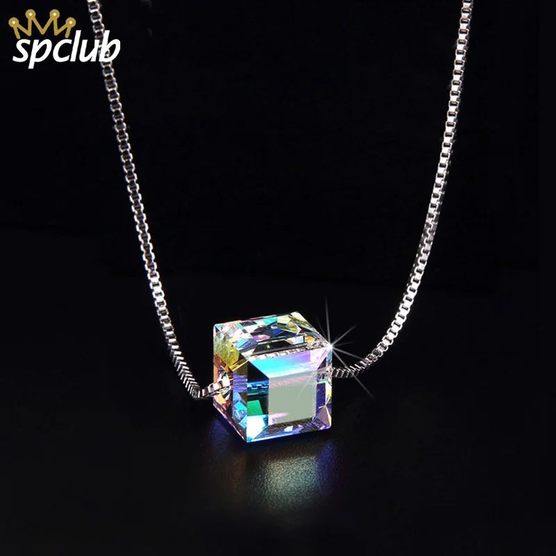 Кристалл от Swarovski ожерелье с подвесками-кубиками для женщин Серебряный цвет коробка цепь ослепительные маленькие простые ожерелья Collier Femme