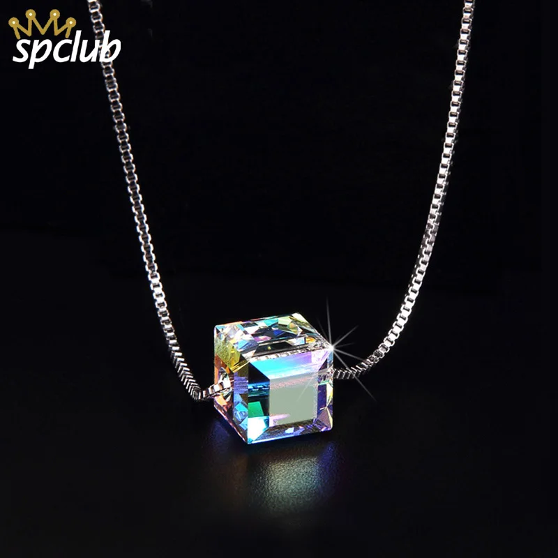Новый Кристалл от Swarovski куб кулон ожерелье для женщин серебряный цвет коробка