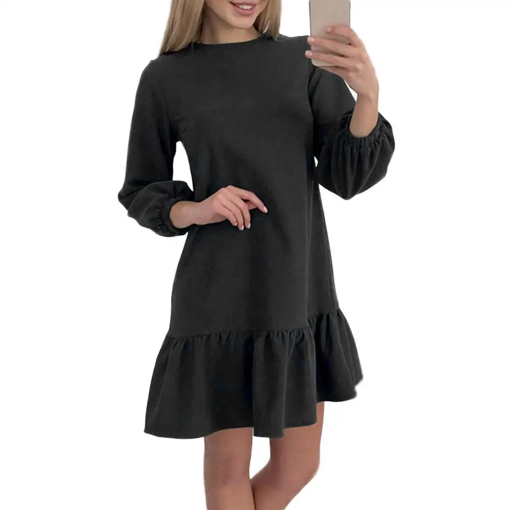 

Women Fashion Solid Color Three-Quarter Lantern Sleeve Ruffled Hem Loose Autumn Mini Dress