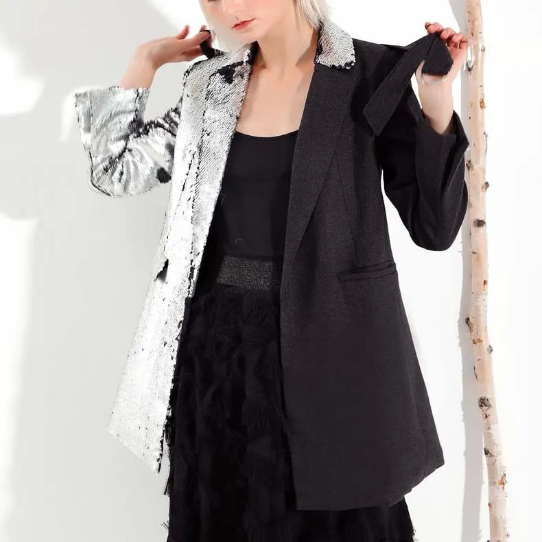 Collar Blazer Long Femmes Hiver Patchwork Sequin 2019 Manches Contraste Printemps Argent down Turn Pleine Couleurs Mode xwqzFXYXg