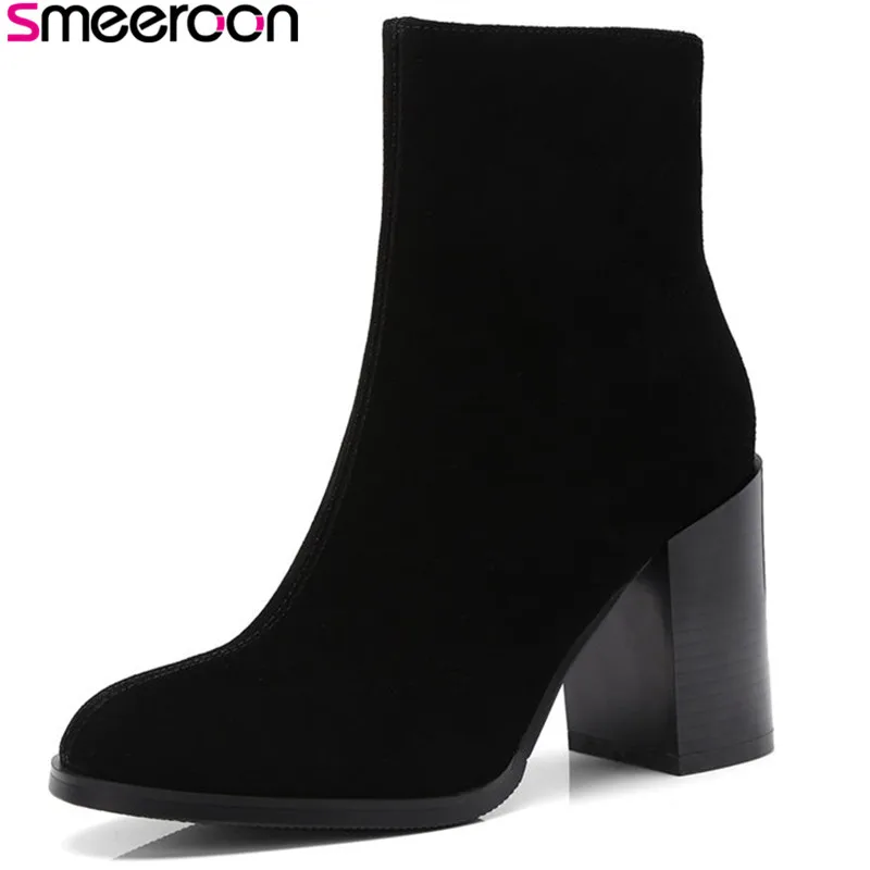 

Smeeroon 2018 new arrival fashion autumn boots women round toe high heels ankle boots high quality cow suede boots