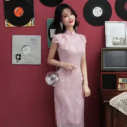 Элегантное розовое узкое платье Ципао китайский стиль ручной работы на пуговицах китайское летнее платье с коротким рукавом Мини Vestidos