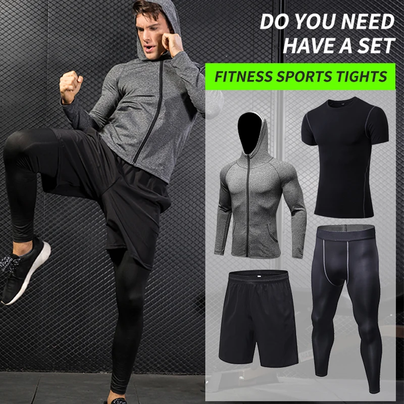 4 Sets Men Spring Summer Pcs Sportswear Quick-drying Short Sleevd T-shirt Hooded Jacket Loose Shorts Tight Pants Leggings Xxl | Спорт и