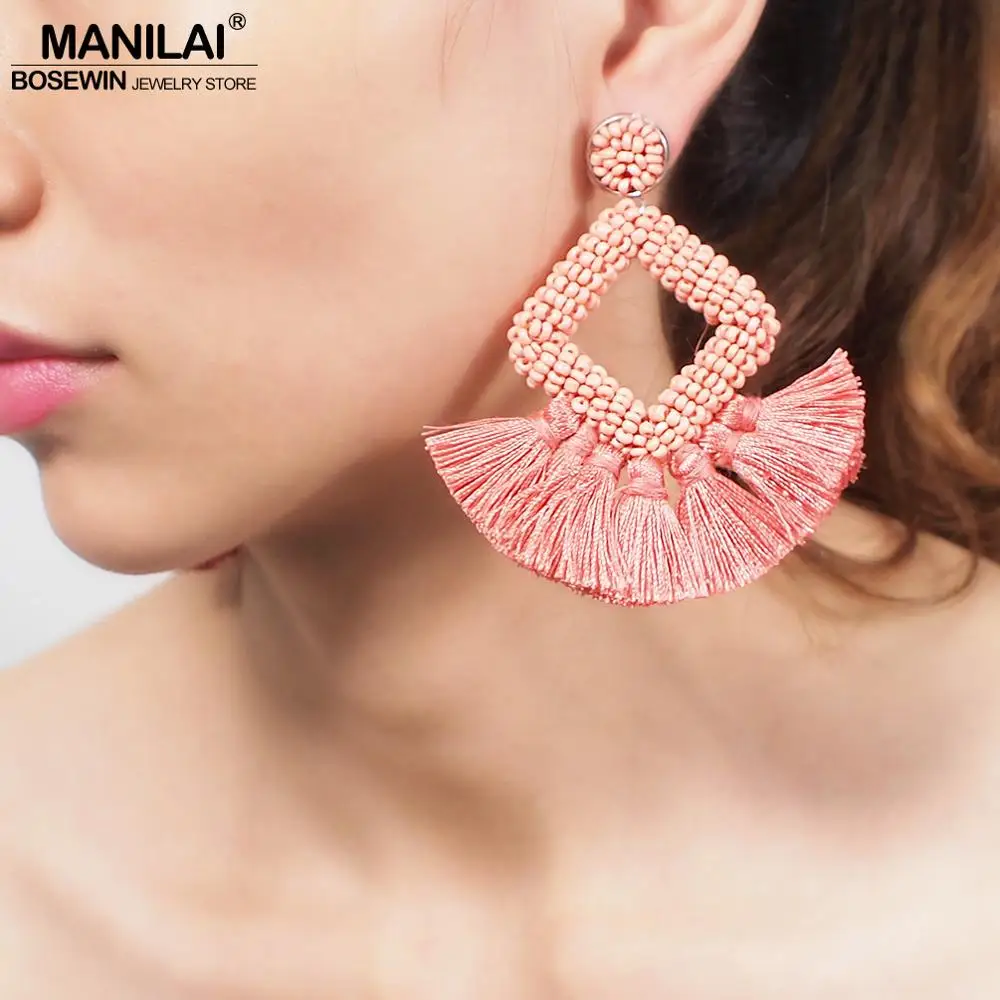 

MANILAI Bohemian Handmade Beads Tassel Earrings For Women Big Dangle Earrings Statement Jewelry Beaded Fringed Earrings 2019