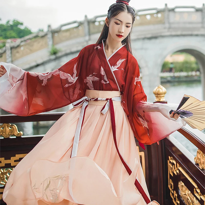 Женский костюм Hanfu, китайский стиль, Студенческая Китайская древняя и традиционная одежда, женское Красное элегантное платье для народных танцев DQL731