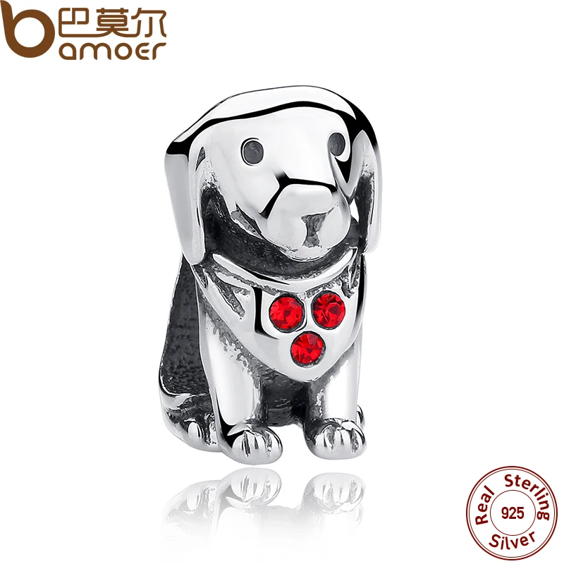 BAMOER 925 Sterling Silver Dog Animal Beads Charms With Red Created Stone for DIY Bracelet Jewelry Making Baby Gift SCC016