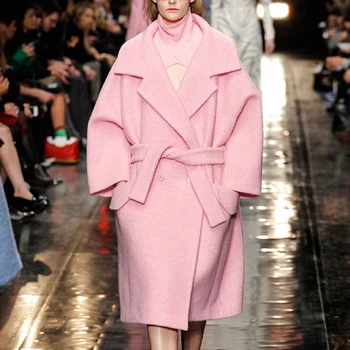 

Hot Sale Women Pink Double Breasted Coat Elegant Turn-Down Collar Winter Coat