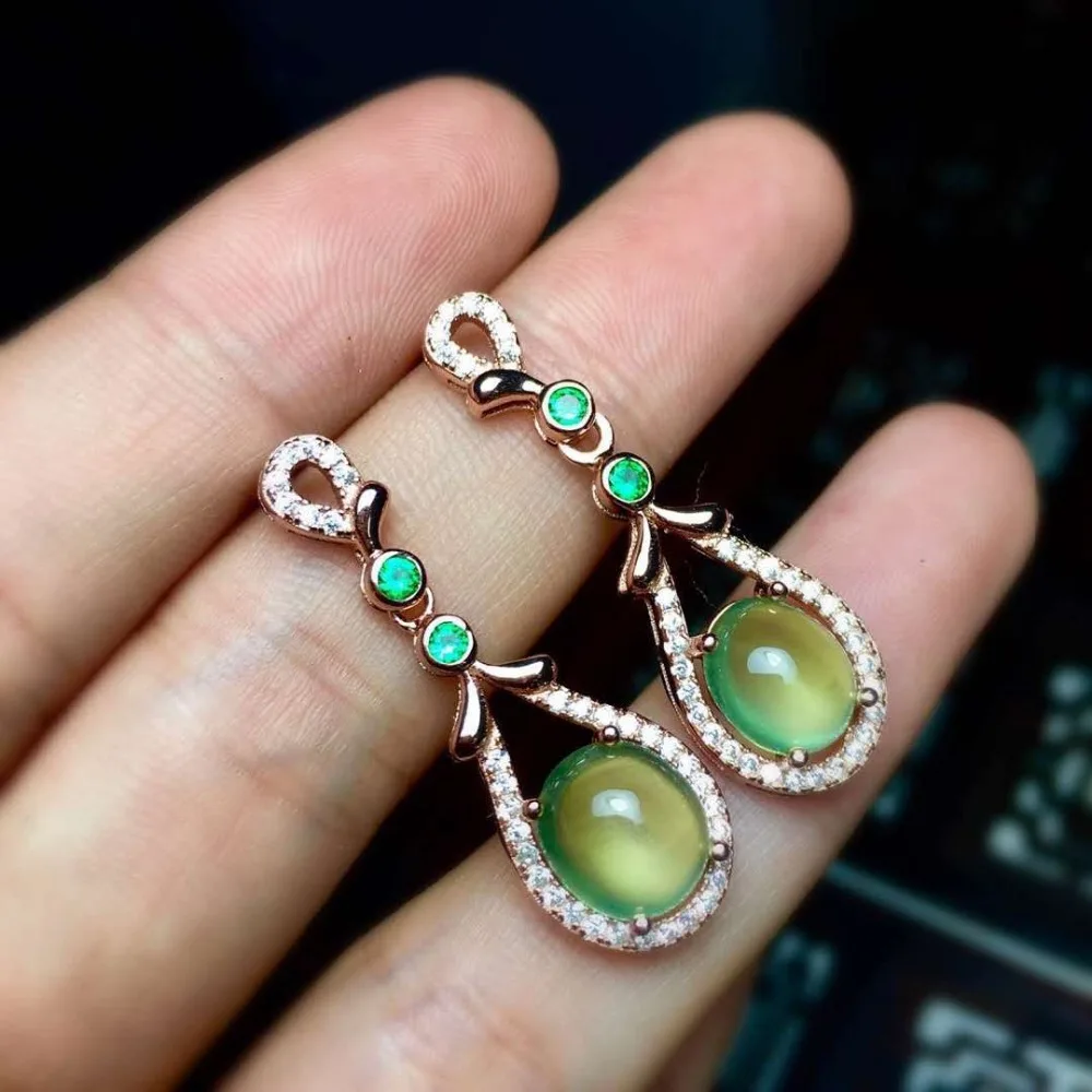 natural Exquisite Prehnite eardrop 925 silver Seiko mosaic all clean