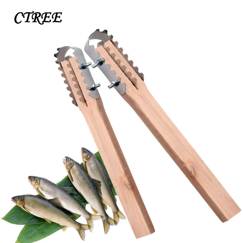 

CTREE Wooden Fish Skin Brush Stainless Steel Handle Scraping Fish Scale Brush Remove Fishes Seafood Scale Cleaner Scraper C784