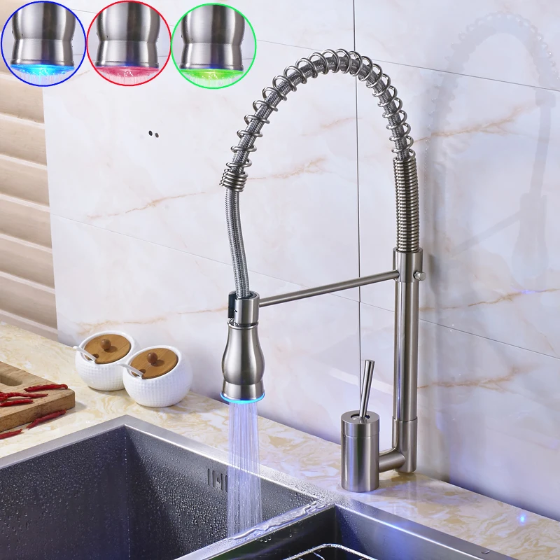 New LED Color Changing Bathroom Kitchen Water Taps Single Lelver One Hole Pull Down Kitchen Mixer Faucet Brushed Nickel