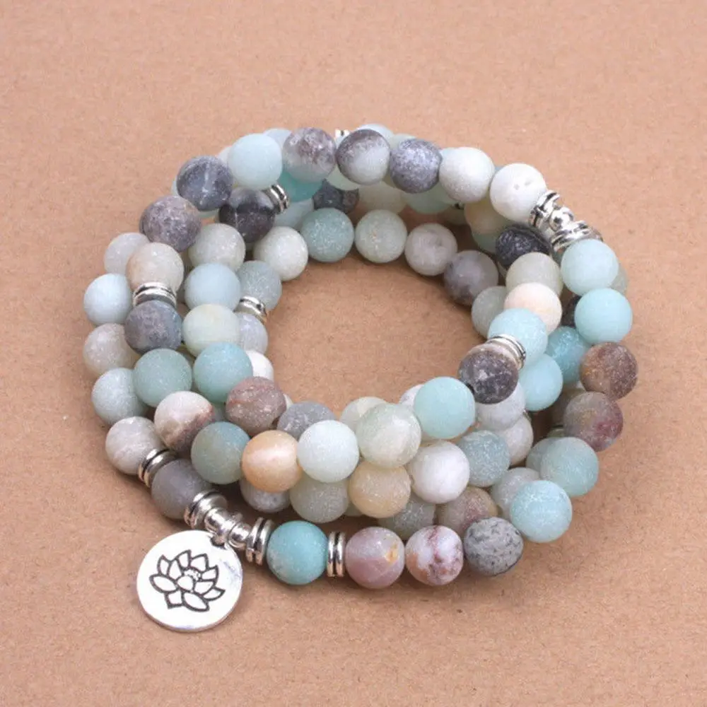 Women's Bracelet Amazonite Prayer Beads Energy with Lotus OM Buddha Yoga Bracelet 108 Mala Meditation Necklace Jewelry Bijoux