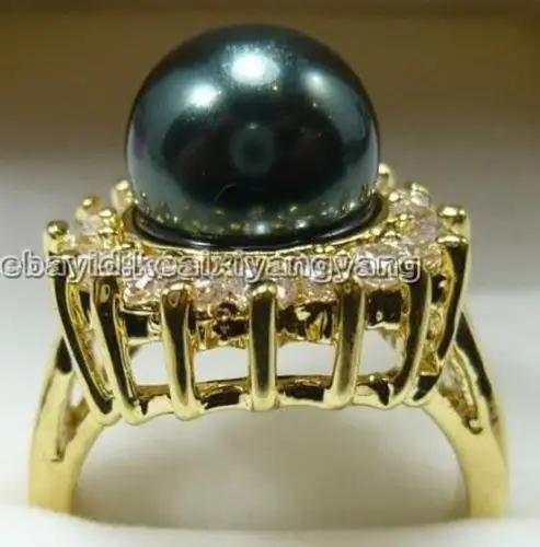 

HY21 yellow gold plate black shell pearl cz ring size 6 7 8 9 10 C5H