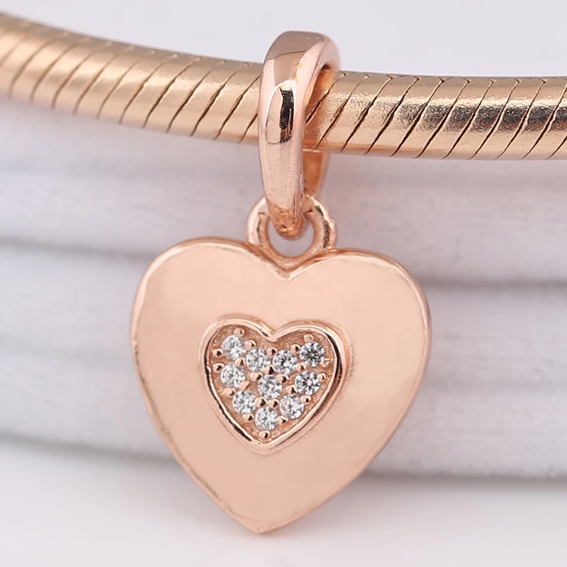 

100% 925 Sterling Silver Charm Bead Love Heart Dangle Charms Rose Gold Necklace Pendant Fit Pandora Bracelets Diy Women Jewelry
