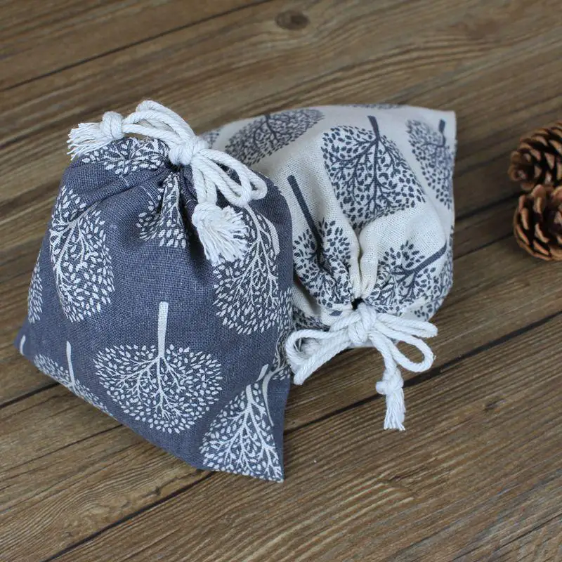 

100 Linen Drawstring Pouch for Jewellery 10x15cm Small Printed Happy Tree Wedding Favor Gift Bags Jute Fabric Jewelry Packaging