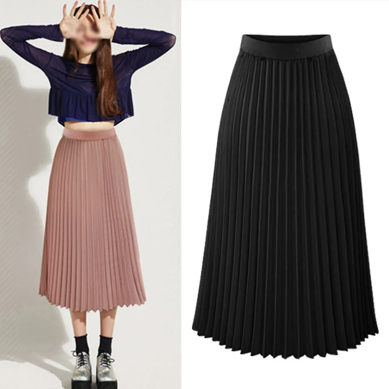 

Fashion Spring Summer Pleated Skirts Women High Waist Solid Elastic Chiffon Long Skirt Female Elegant Casual Loose Skirt Ladies