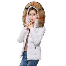 Новинка; зимняя короткая хлопчатобумажная куртка для женщин пальто с большим меховым воротником и капюшоном, топы тонкий студентов Куртки Большие размеры теплая дутая куртка пальто N285