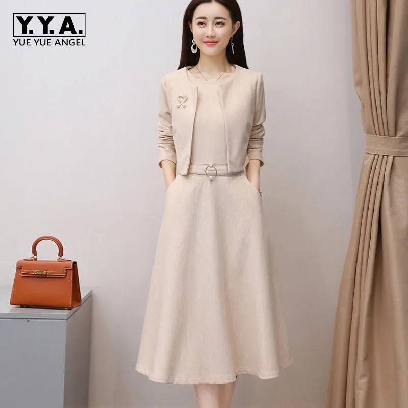 Elegante Vrouwen Tweedelige Set Kantoor Dame Twill Korte Jas Mouwloze Slanke Jurk Rode Jassen Riem Jurk Womens Party Kostuums herfst