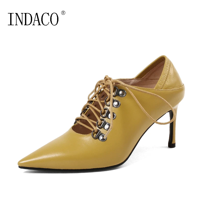 

Women Yellow Black Lace Up Leather High Heel Pumps Hollow Out Pointed Toe Spring Summer Shoes 8CM