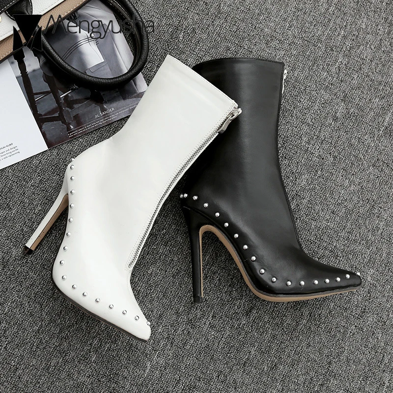 

Knight Riding Boots Punk Rivets Motorcycle Boots Wome High Heels Front Zipper Botas Studded Bootie Winter Shoes Woman Size 35-42