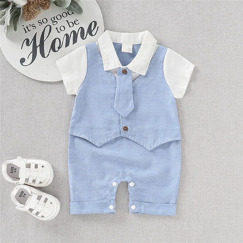 The new fashion cute design Infant Baby Boys Short Sleeve Gentleman Romper Necktie Tie Solid Print Jumpsuit  (1)