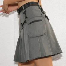 Fanco, женские юбки, сексуальные Харадзюку, короткие юбки, повседневные серые пояса, модные плиссированные юбки, Панк мини юбка, винтажная
