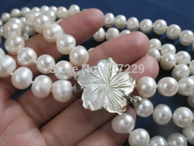 

Wholesale price ^Necklace 3 strands chocker white culture freshwater pearl carved sea shell clasp