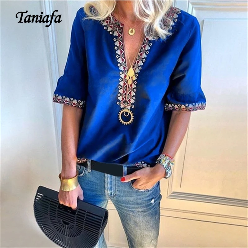 

New Fashion Women V Neck Short Sleeve Shirts Lady Summer Casual Loose Tops Plus Size Blouse