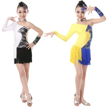 Профессиональное платье для девочек с открытой спиной, с одним плечом, неравное Latiin, детское платье для соревнований, Самба Танго, с кисточками