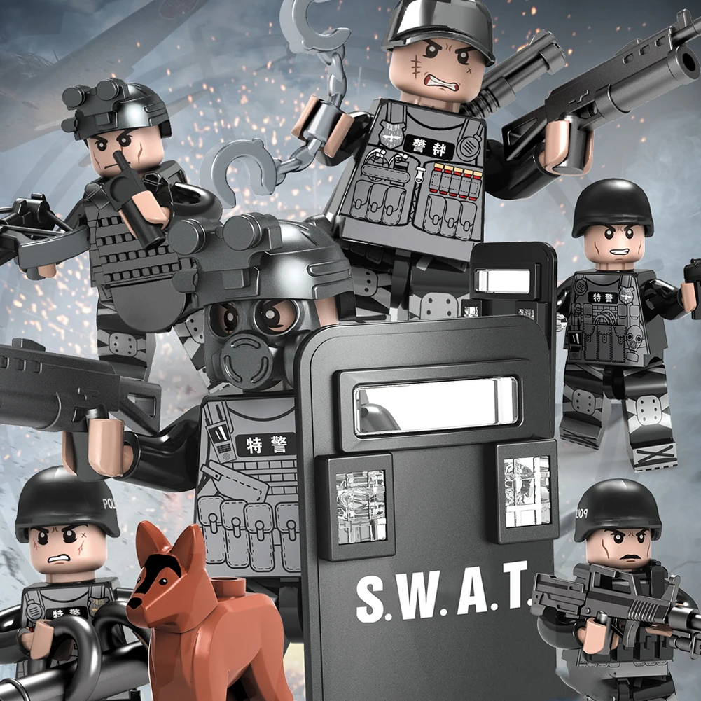 

6 in 1 Military Sets Figure Weapons SWAT Legoing Building Blocks Compatible Legoed Soldiers Sniper Army Bricks Gift Toys For kid