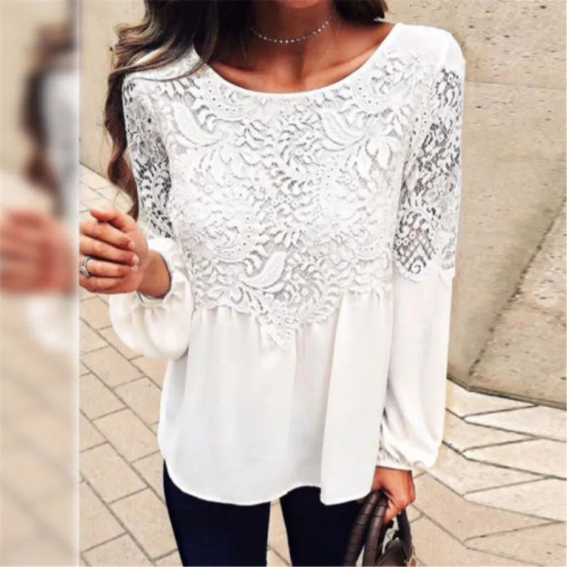 

New Fashion Women Summer Hollow Out Shirt Loose Casual Chiffon Long Sleeve Lantern Sleeve Lace Patchwork Shirt Tops Blouse