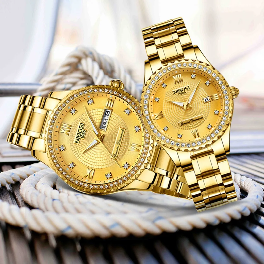 NIBOSI, пара часов, Relogio Feminino, женские часы, кварцевые мужские часы, Топ бренд, роскошные часы для влюбленных, золотые кварцевые наручные часы