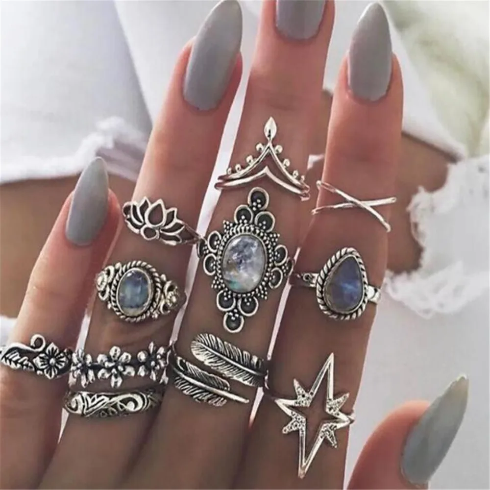 

2019 Men and women's New Vintage Carved Rings with 11 Pieces / Sets Artificial Leaves Style Fashion Jewelry
