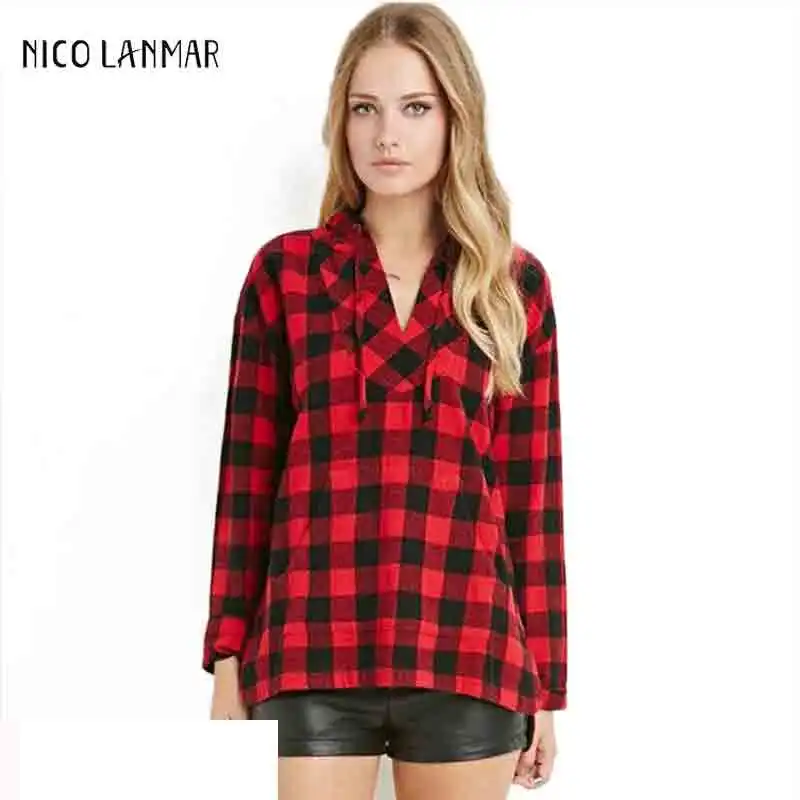 Red Plaid Female Blouse Long-sleeves V-neck Fake Two-piece Hooded Blouse 2019Casual Classic All-match Cardigan Girls Tops S-XXL