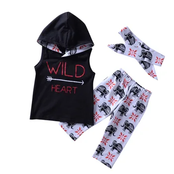 

Baby Girls Clothes Suit Black Hoodies Wild Heart Romper+Cartoon Elephant Pants 2pcs Bebe Boys Clothing Sets