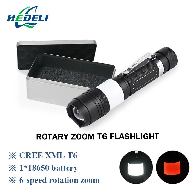 

LED Flashlight USB Charging Red White XML T6 Retractable Zoom Torch Waterproof Lantern Red Warning Light 18650 Battery Camping