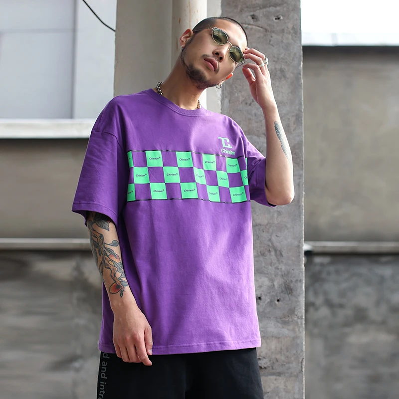 

Chinism Automobile Plaid T shirt Mens Drop-shoulder Swag T-shirts Sleeve Short Tee Loose Streetwear Purple Hip Hop Tshirts