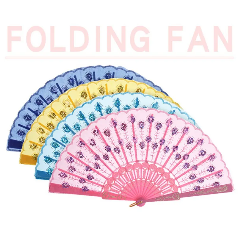 

Chinese Style Sequins Decorative Folding Fans Handheld Plastic Fan Dancing Props Church Party Favors Home Office DIY Decoration