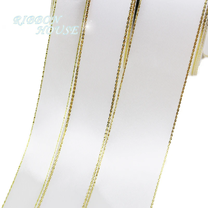 Luxurious 20mm White Satin Ribbon with Gold Edge - 25 Yards of High-Quality Gift Packaging Ribbon (Wholesale)