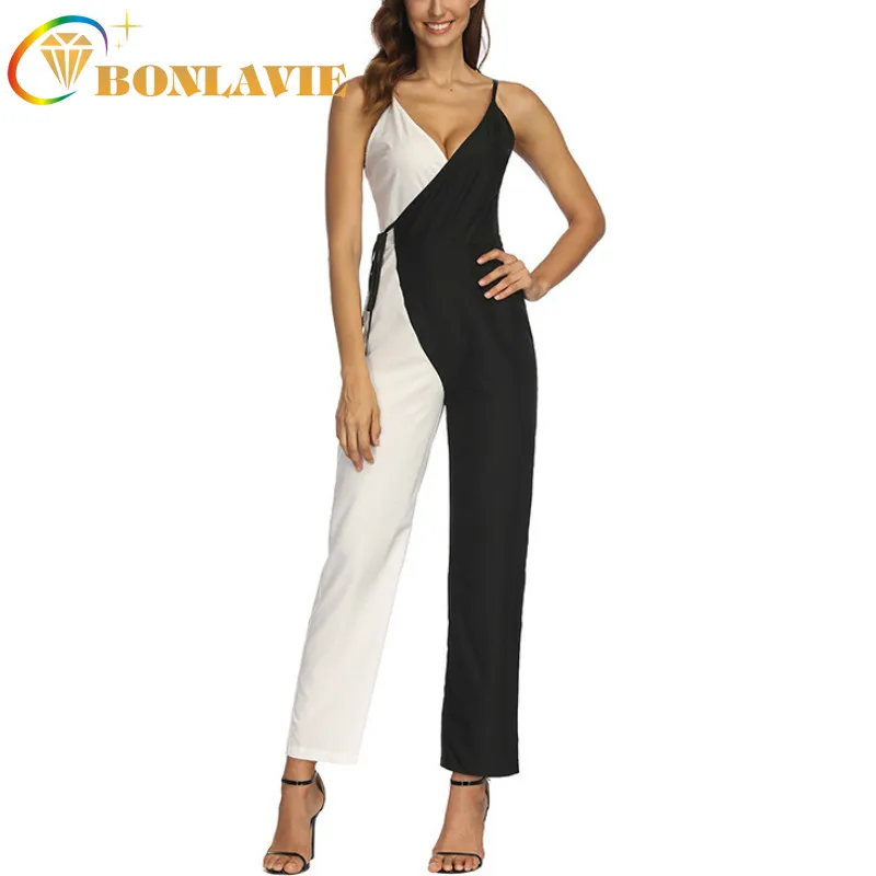 Women's Clothing Sling Jumpsuit V-Collar Black and White Color Splice Matching Suspender Jumpsuits long length Color Jumpsuits