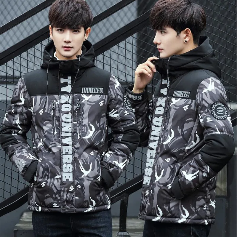 

Winter 2019 Fashion Printed Coat Turtleneck Long Sleeves Jackets Men Hip Pop Windbreakers Jackets Coat Streetwear Parkas New