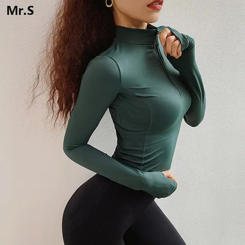 Topos para as Mulheres de Manga Workout Colheita Longa Camisas Yoga Treino t Camisa Correndo Jaqueta Pista Ginásio Esportes Moletom 1 – 2 Zip