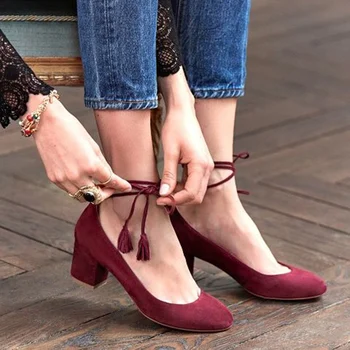 

Women Suede Ankle Strap Summer Pumps Shallow Square Middle Heels Tassels Pointed Toe Office Ladies Shoes Autumn Fashion New 2019