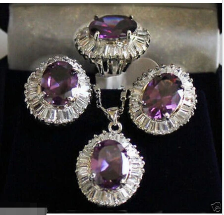 

Genuine Purple Crystal 18KGP Earring Ring Pendant Set ^^^@^18K GP style Fine jewe Noble Natural jade